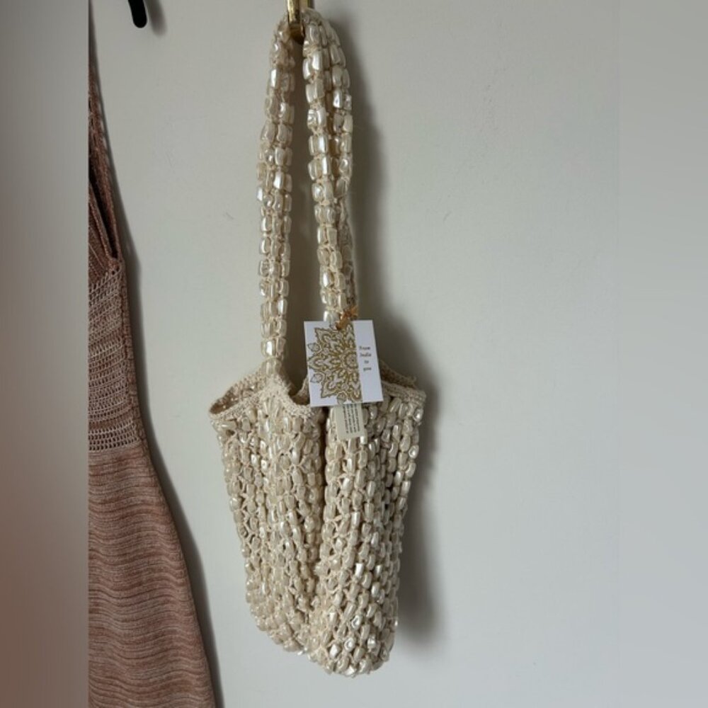 Viral Mother of Pearl made in India Cream Beaded Tote Bag